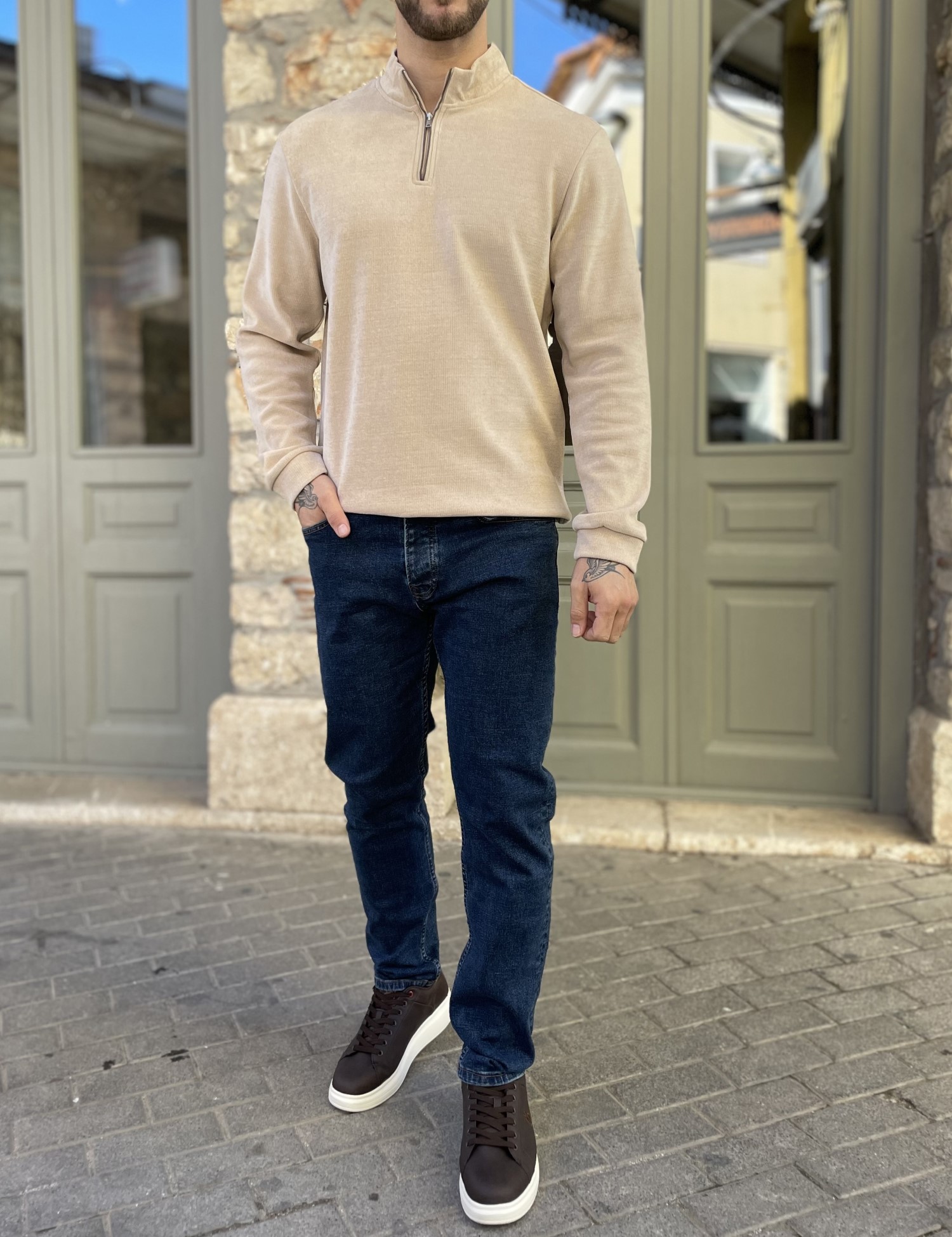 Ανδρικό μπλε πεντάτσεπο τζιν παντελόνι ίσιο με κουμπιά 3LN2016 φωτογραφία